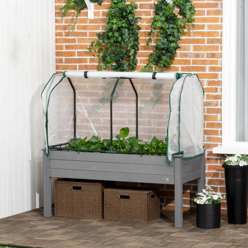 Fast Furnishings Grey Wood Elevated Raised Garden Bed Planter with Greenhouse Cover