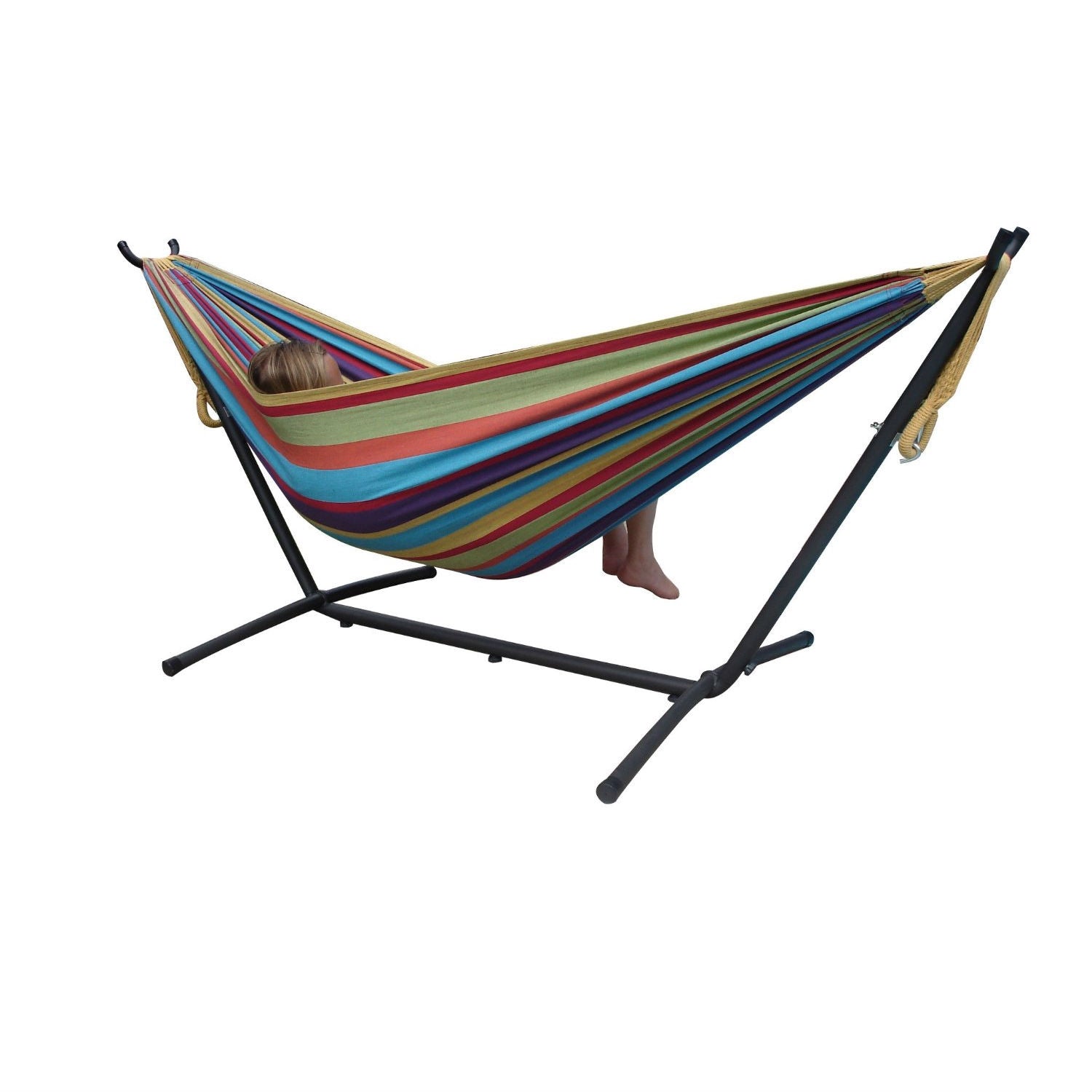 Fast Furnishings Tropical Fabric Double Hammock with 9-Foot Steel Stand