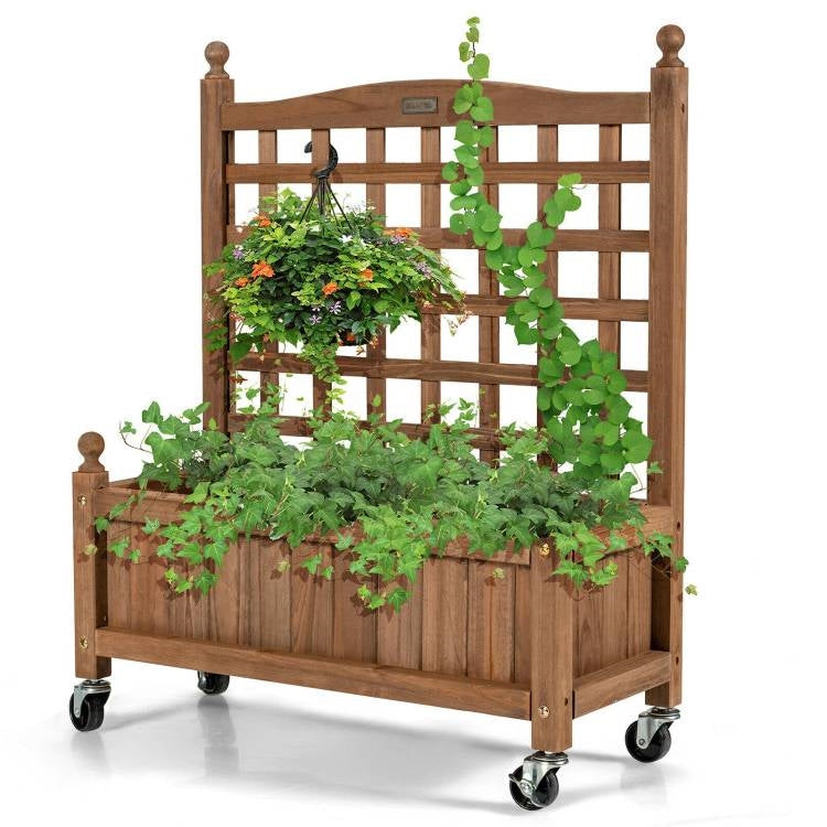 Fast Furnishings Solid Fir Wood Outdoor Raised Garden Bed Planter Box Cart on Wheels with Trellis