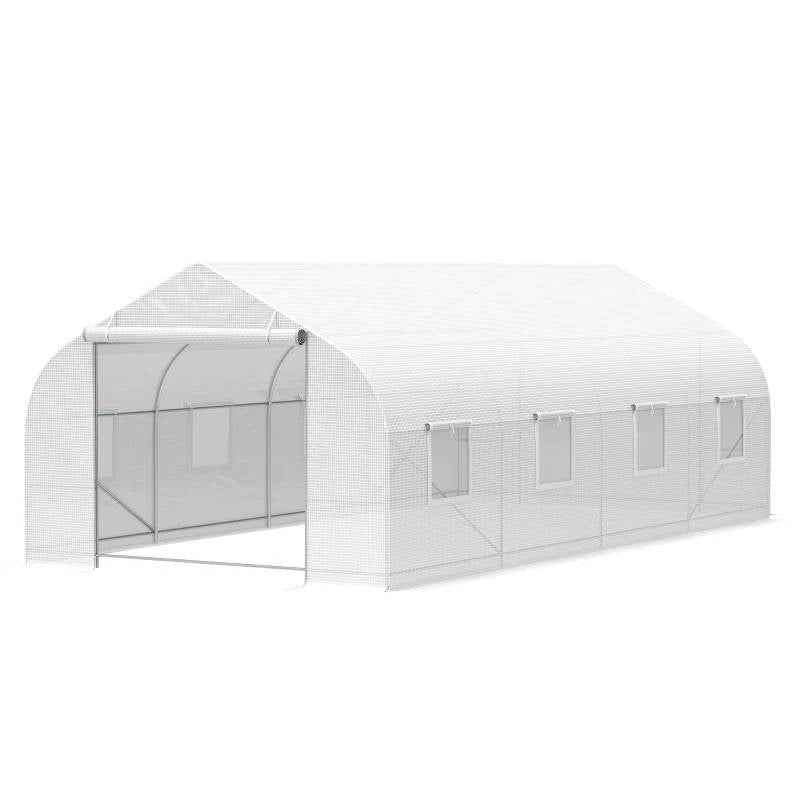 Fast Furnishings 19.5 Ft x 9.8 Ft Outdoor Greenhouse w/ White PE Cover and Heavy Duty Steel Frame