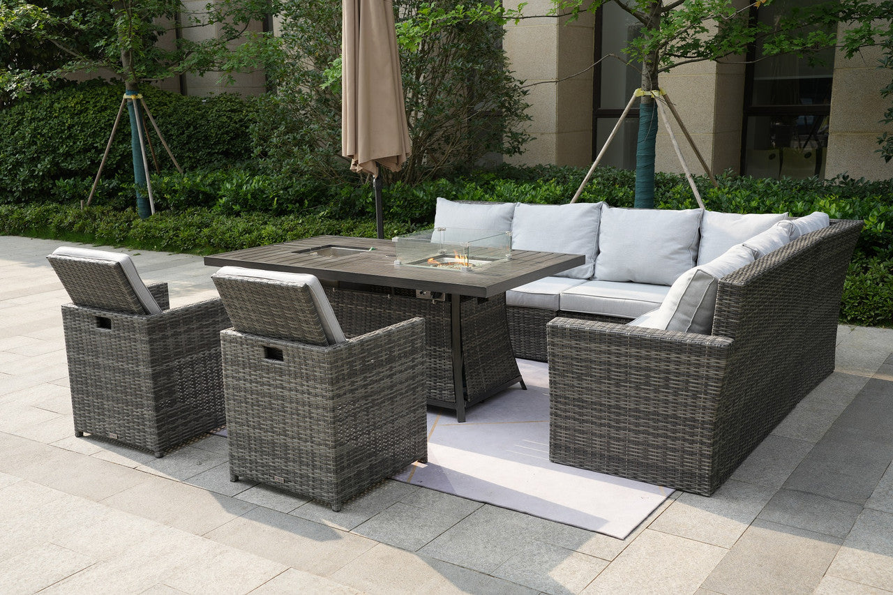 Direct Wicker Patio Gray Rattan Firepit & Ice Table and Foldable Chairs Dining Set