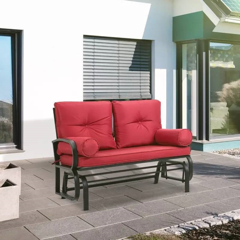 Fast Furnishings Steel Outdoor Garden Patio Rocking Glider Chair Loveseat with Red Cushions