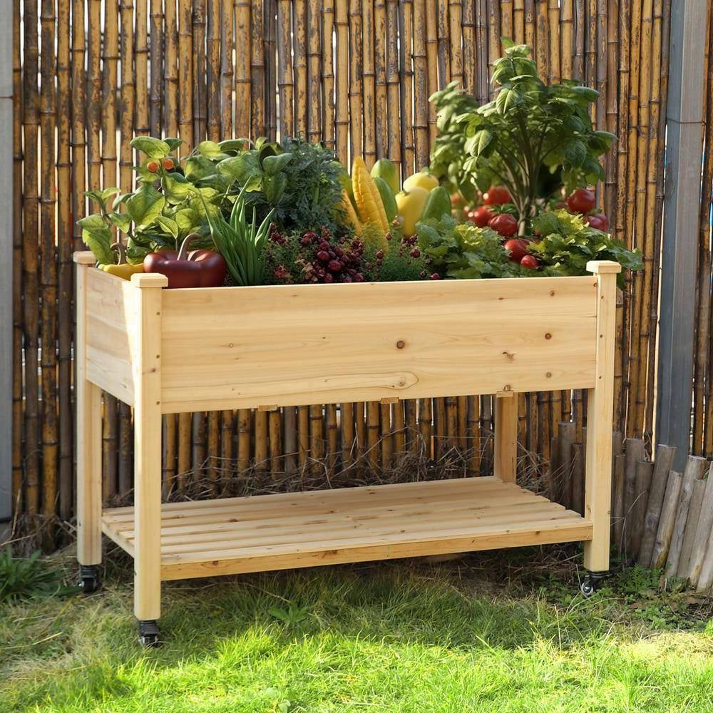 Fast Furnishings Outdoor Wood Raised Garden Bed Planter Box Cart on Wheels 46-inch x 22-inch