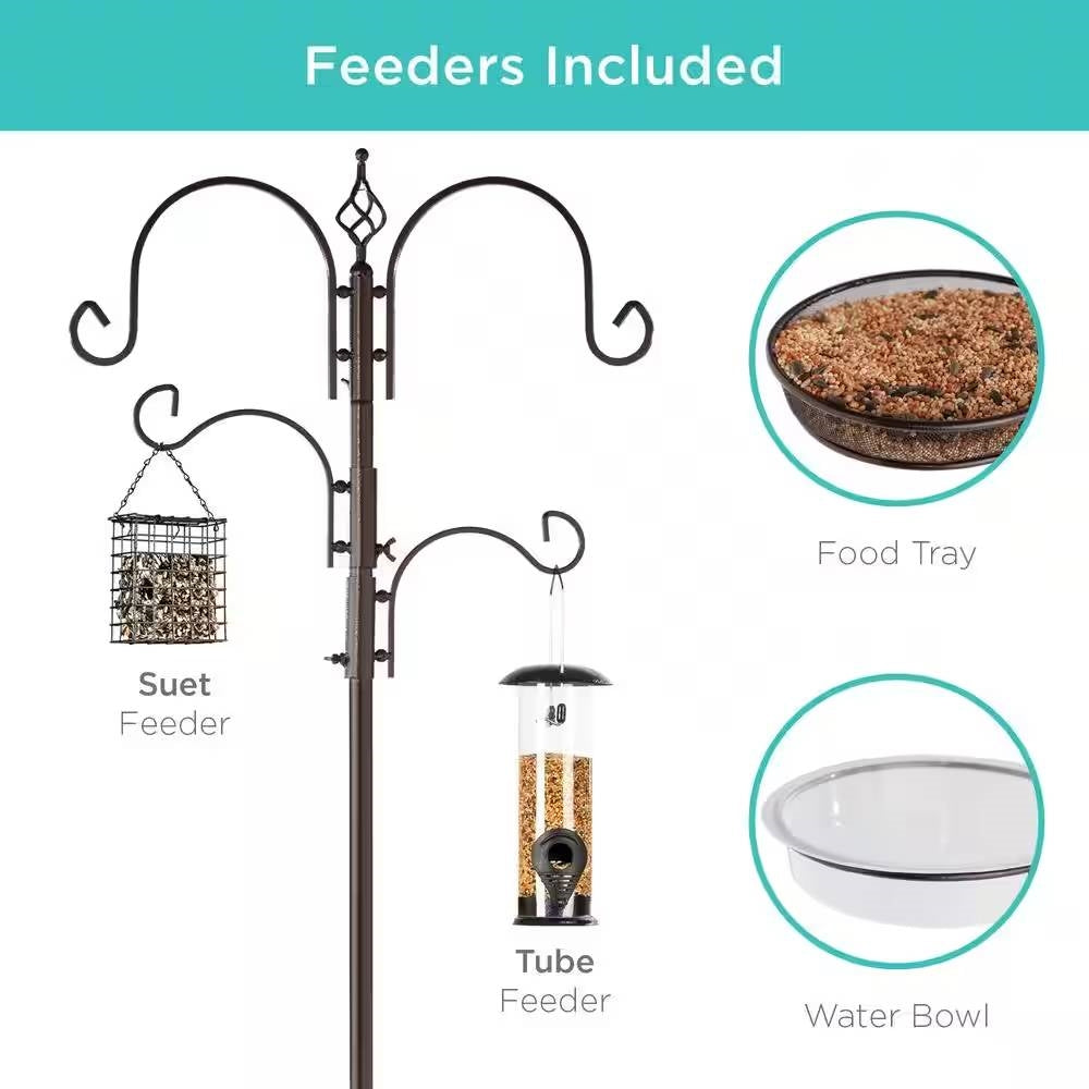 Fast Furnishings Complete Bird Feeder Set with Bronze Metal Stand Suet Water Bowl Tube and Tray