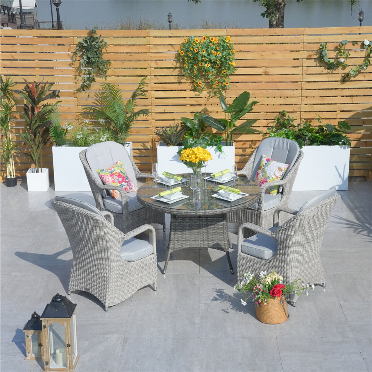 Direct Wicker Patio Wicker Dining Set with Round Table and Semi-circular Rattan Chairs