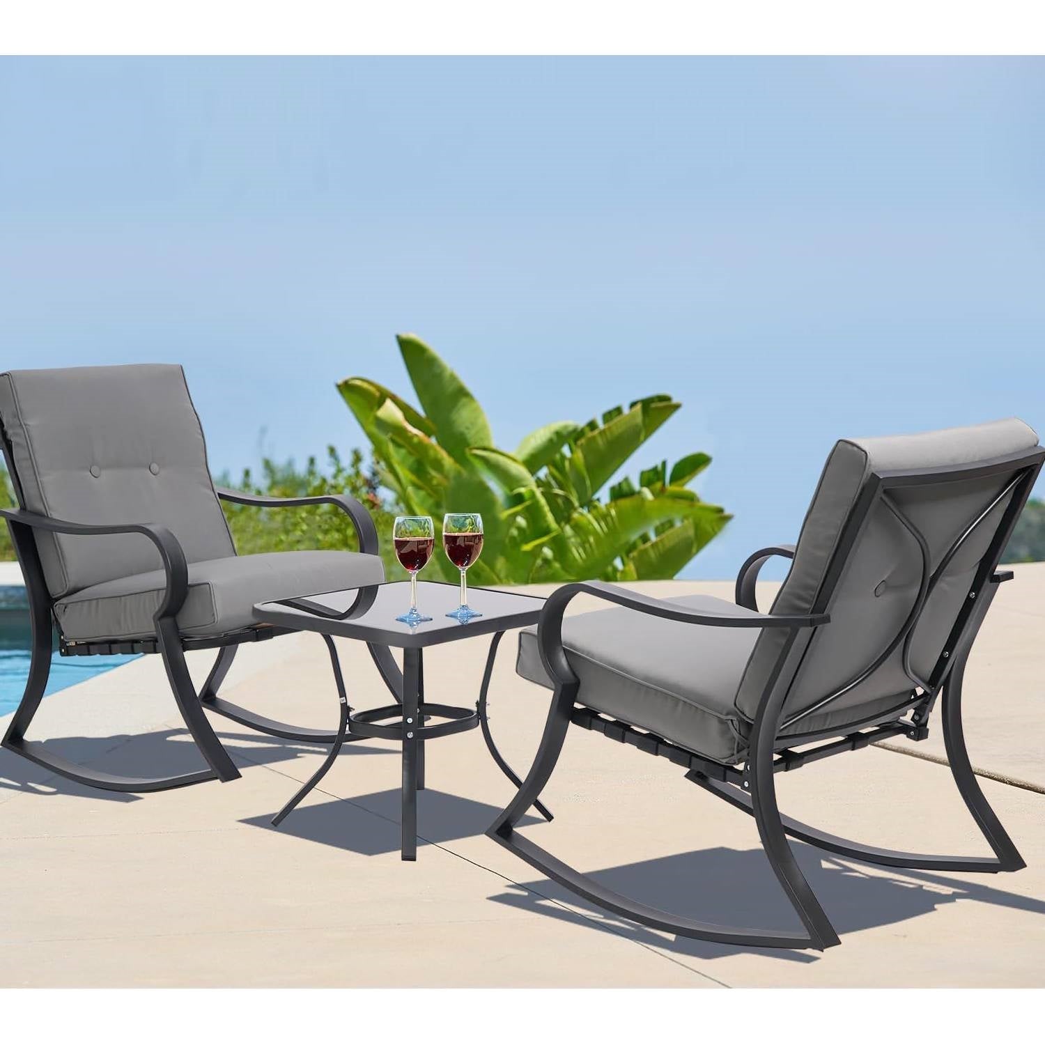 Fast Furnishings Outdoor 3-Piece Patio Furniture Table Rocking Chairs Set with Grey Cushions