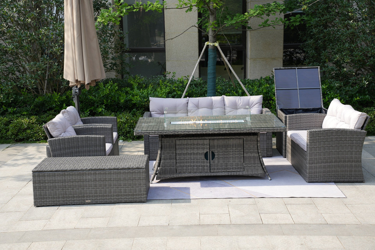 Direct Wicker Patio Rectangular Fire Pit Dining Table Sofa Set with Glass