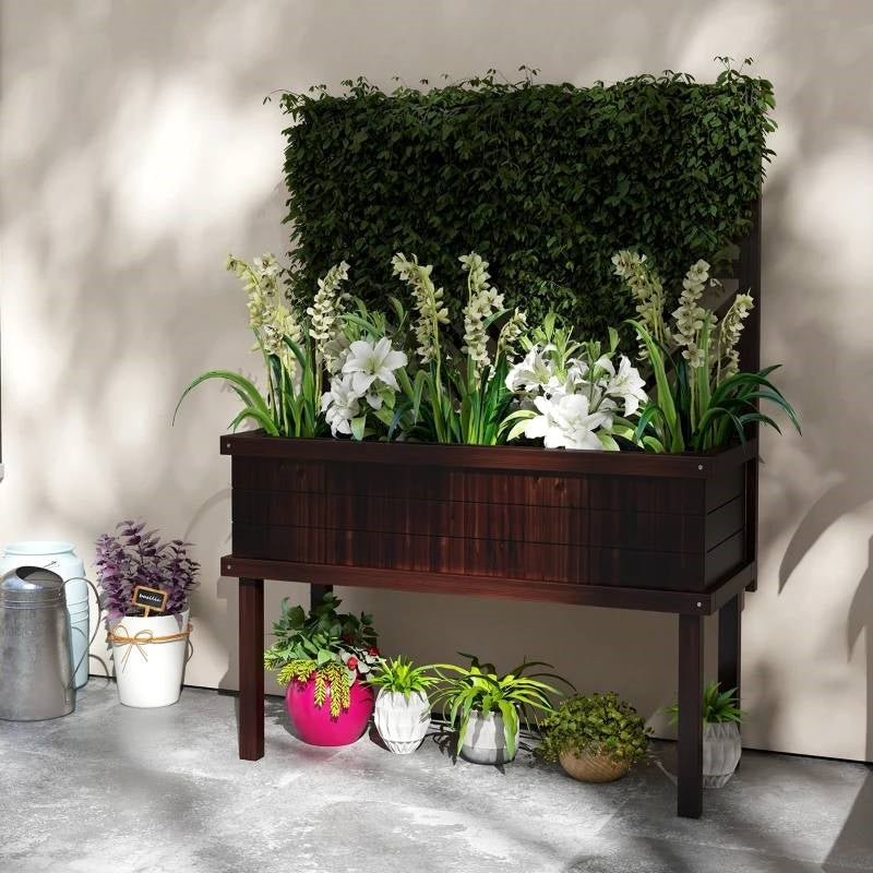 Fast Furnishings Espresso Fir Wood Elevated Raised Garden Bed With Stylish Climbing Trellis