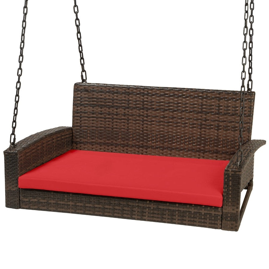 Fast Furnishings Brown Wicker Hanging Patio Porch Swing Bench w/ Mounting Chains and Red Seat Cushion