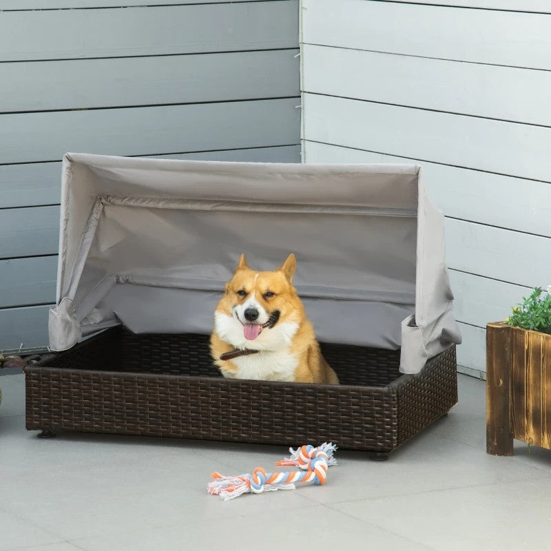 Fast Furnishings Espresso Wicker Foldable Canopy Raised Dog Bed House with 2 in Thick Cushion