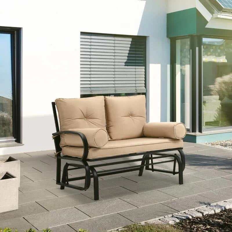 Fast Furnishings Outdoor Garden Patio Rocking Glider Chair Loveseat with Tan Khaki Cushions