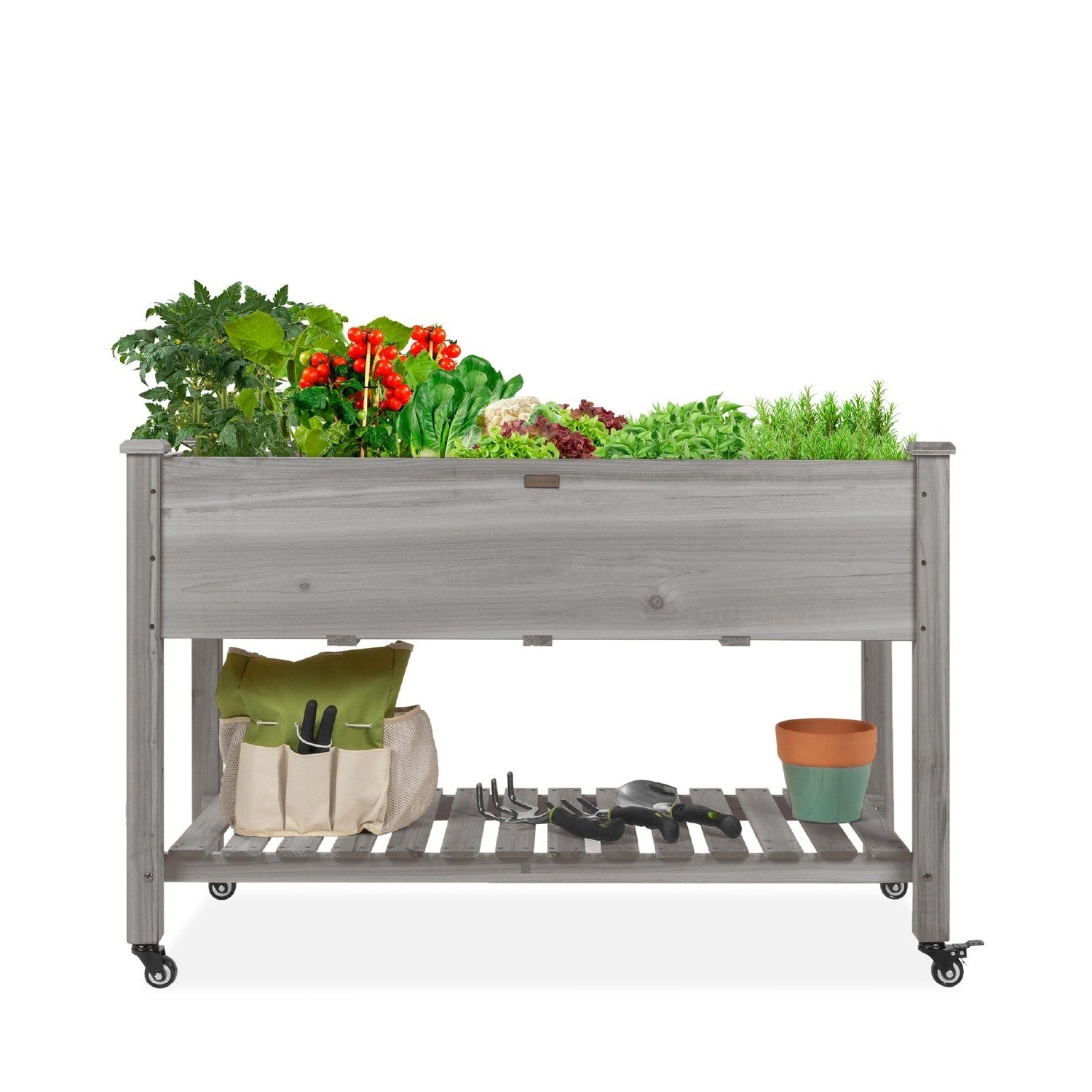 Fast Furnishings Outdoor Grey Wood Raised Garden Bed Planter Box with Shelf and Locking Wheels