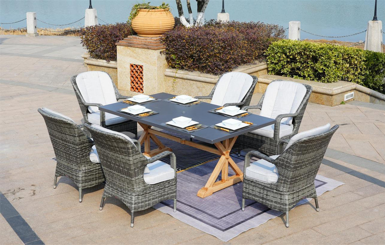 Direct Wicker Outdoor Dining Set Aluminum Table with 6 Rattan Chairs in Gray