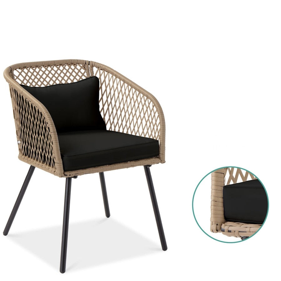 Fast Furnishings 3 Piece Beige/Black Outdoor Weave Wicker Bistro w Tempered Glass Side Table Set