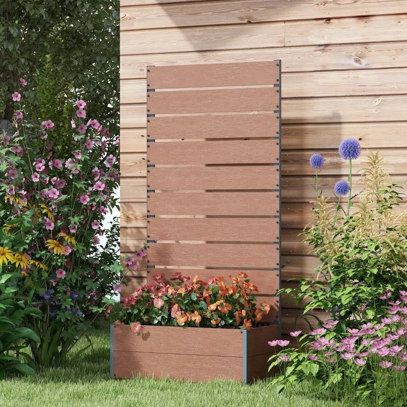 Fast Furnishings Raised Garden Bed Planter with Slatted Fence Trellis in Brown Wood Finish