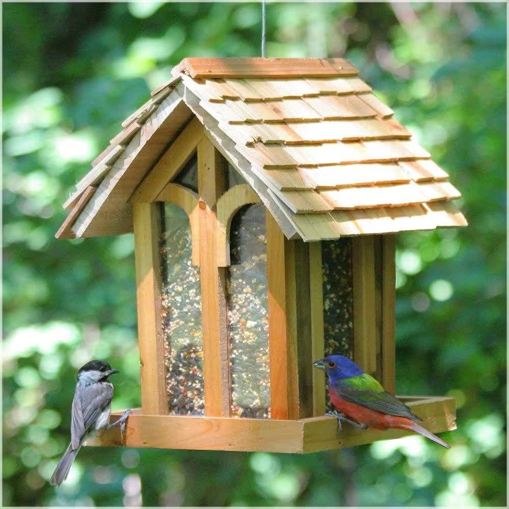 Fast Furnishings Wood House Shingled Roof Garden Bird Feeder with Perch