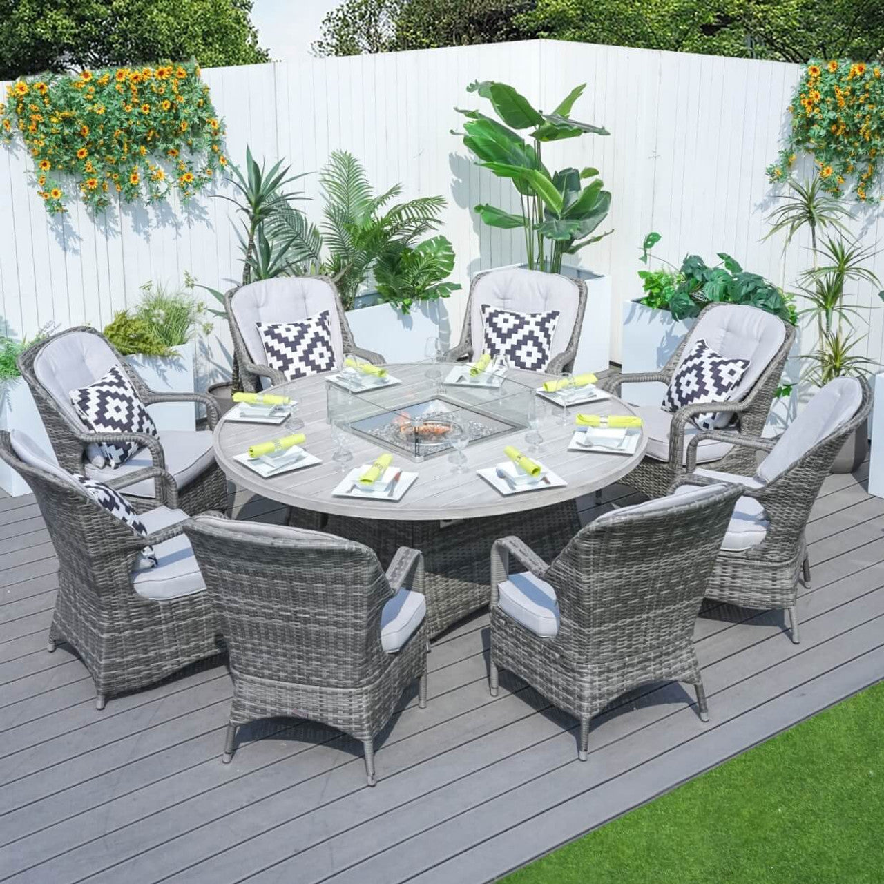 Direct Wicker's 8 Seats Round Fire Pit Set with Aluminium Tabletop & Rattan Chairs PAG-1108A