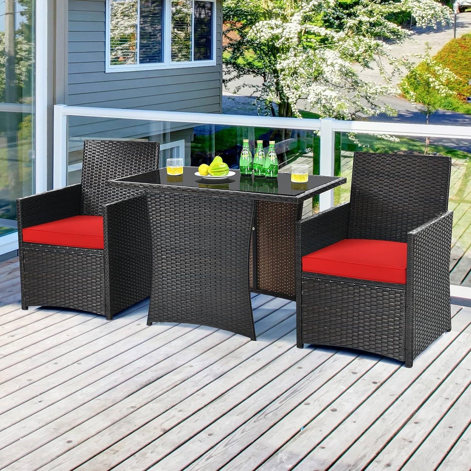 Fast Furnishings 3-Piece Patio Furniture Outdoor Dining Set in Brown PE Rattan with Red Cushions