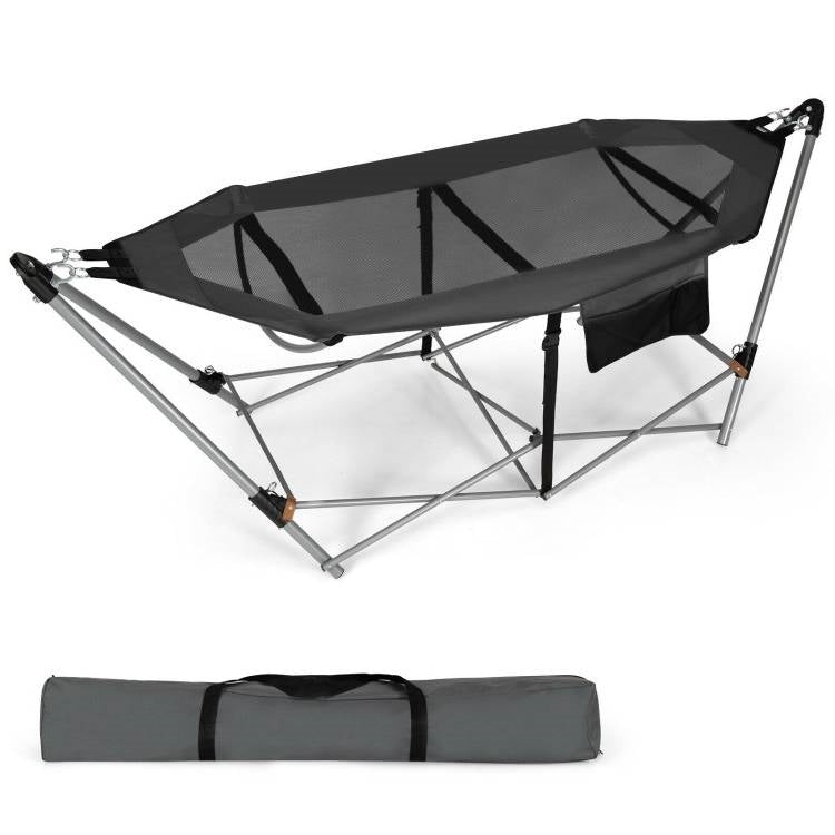 Fast Furnishings Grey Portable Camping Foldable Hammock with Stand and Carry Case