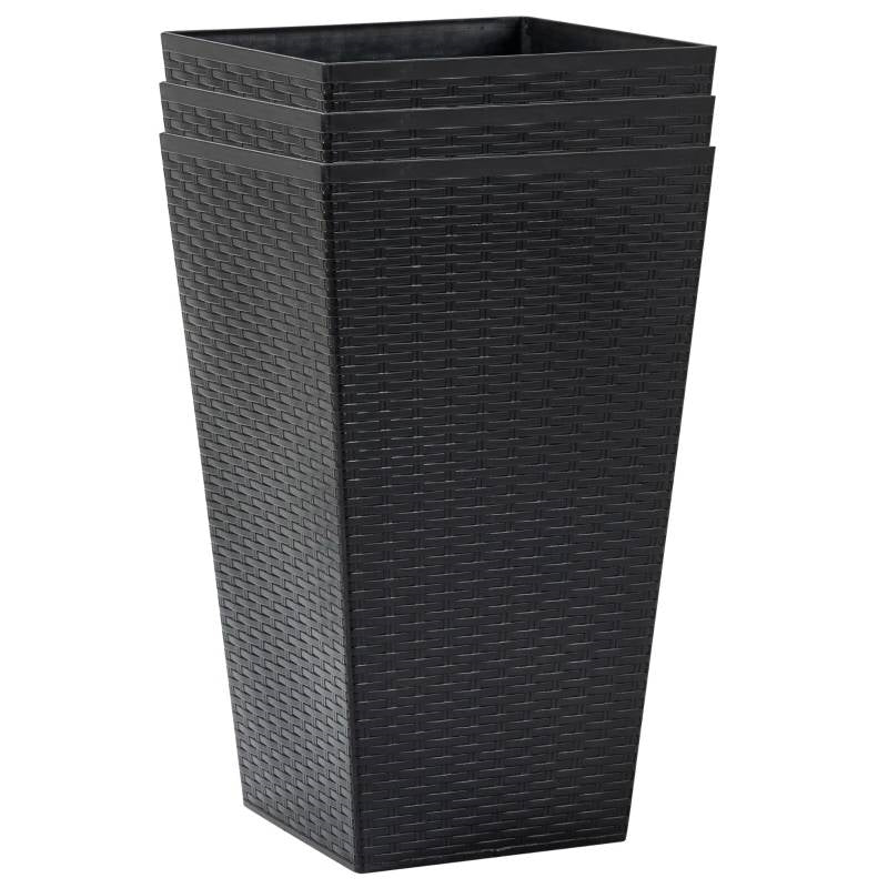 Fast Furnishings Set of 3 - Black Faux Rattan Plastic Tall Large Flower Pots