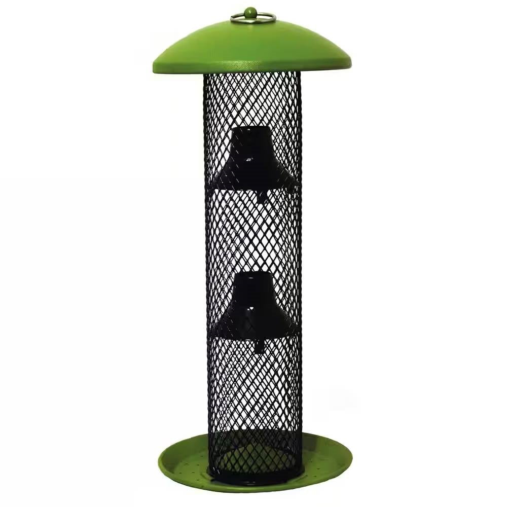 Fast Furnishings Outdoor Metal Mesh Tube Hanging Bird Feeder with Green Top and Perch