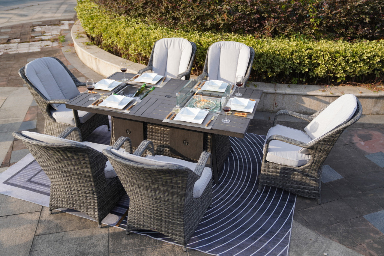 Direct Wicker 6-Seat Patio Gray Firepit and Ice Bucket Dining Table Set with Standard Height Chairs