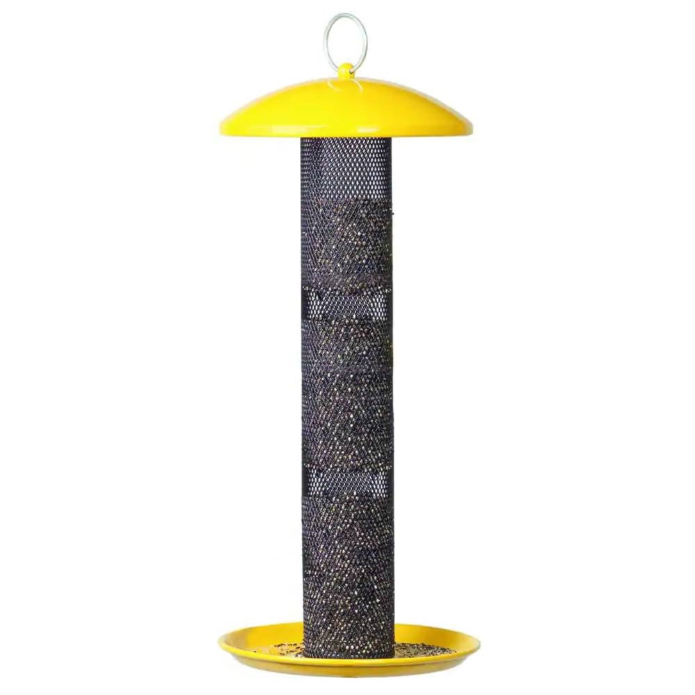 Fast Furnishings Durable Metal Mesh Tube Hanging Bird Feeder with Yellow Top and Perch