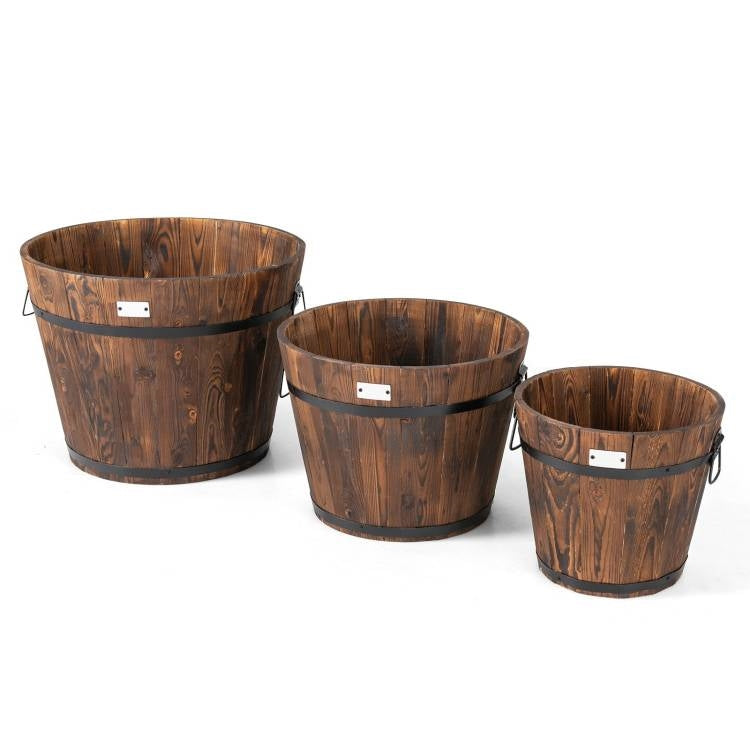 Fast Furnishings Set of 3 Outdoor Wooden Barrel Planter Pots with Handles 11.5, 15, and 18 inch