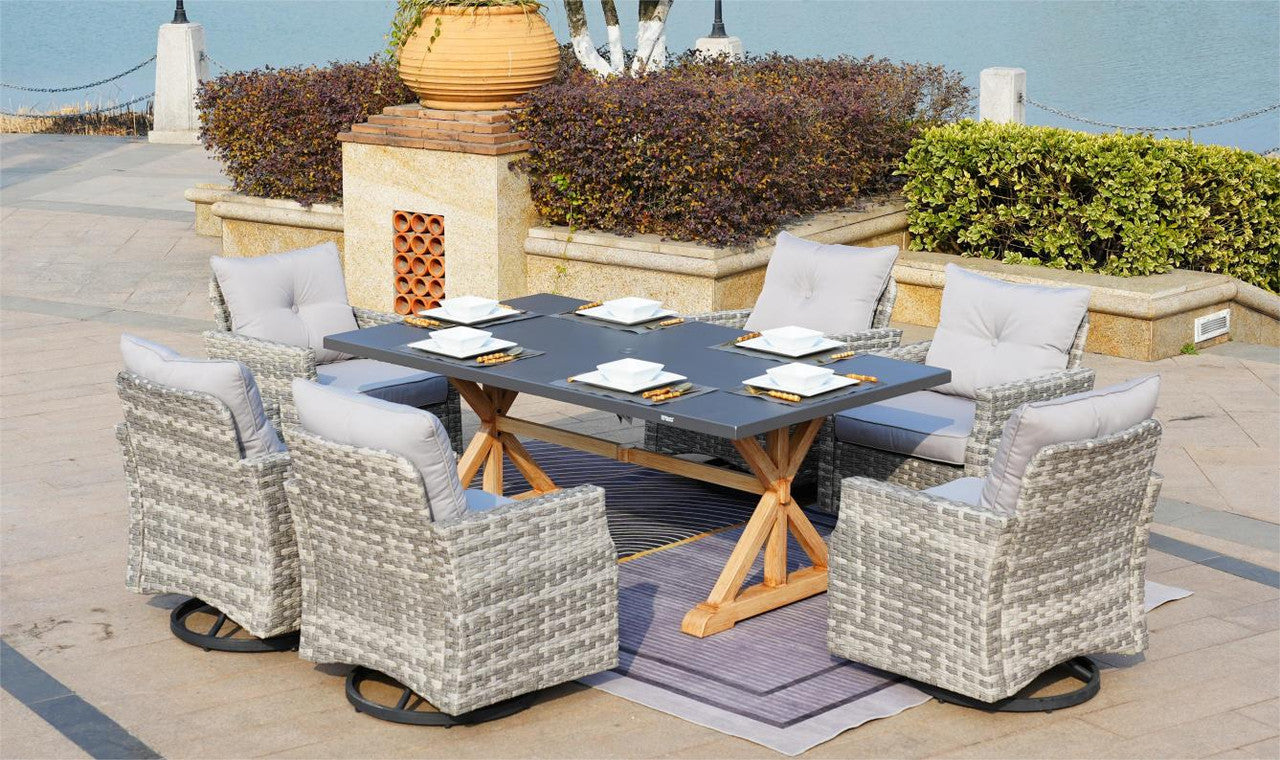 Direct Wicker Patio Dining Table Set Aluminum Table with 6 Swivel Chairs in Gray