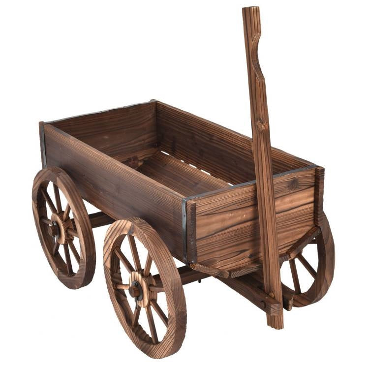 Fast Furnishings Outdoor Garden Fir Wood Barrel Planter Wagon on Wooden Wheels