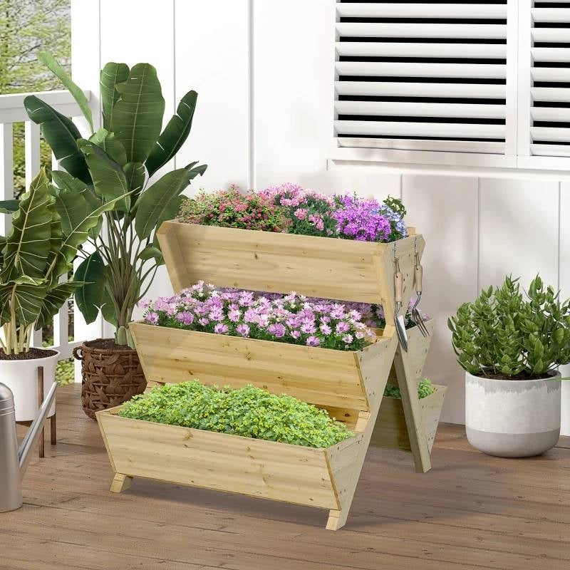 Fast Furnishings 3-Tier Outdoor Fir Wood Elevated Planter Herb Flower Box Raised Garden Bed