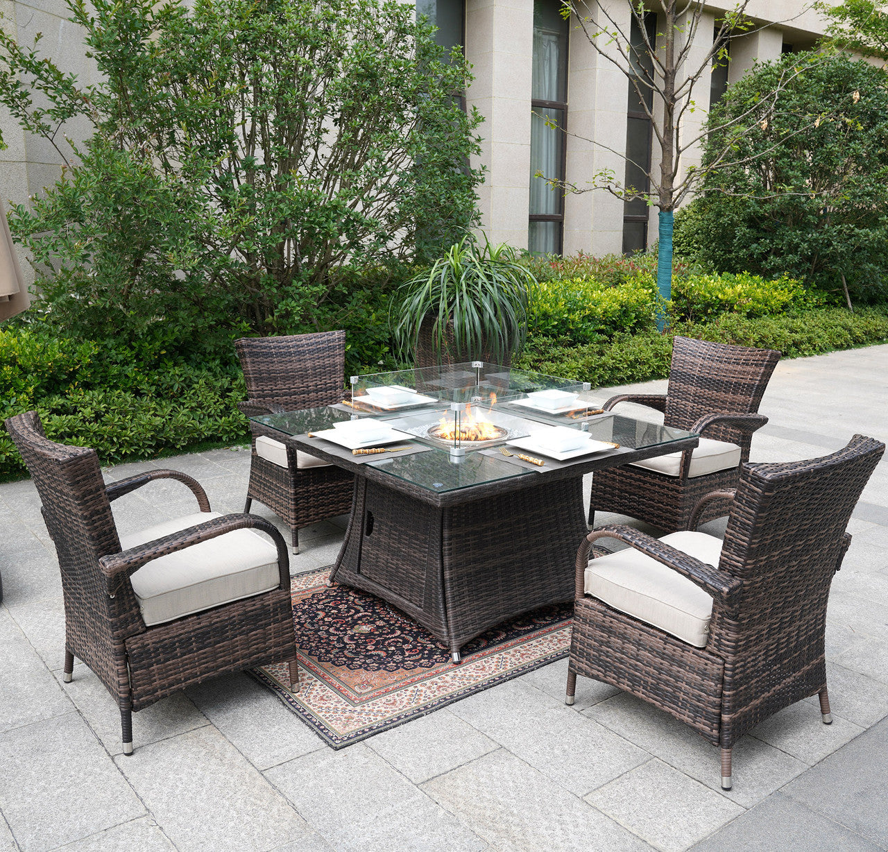 Direct Wicker Square Dining Set with Gas Firepit Table and Four Eton Chairs