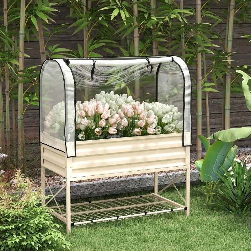 Fast Furnishings Cream Elevated Metal Raised Garden Bed w/ Greenhouse Cover