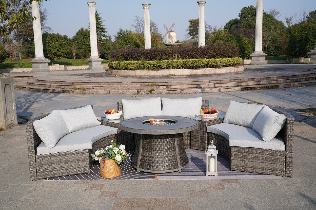 Direct Wicker Sectional Patio Gray Wicker Seating Set with Round Firepit Table