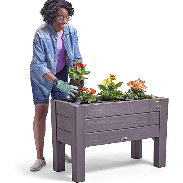 Fast Furnishings Rectangular Plastic Raised Garden Bed Planter Box - Dark Grey Cedar Wood Finish