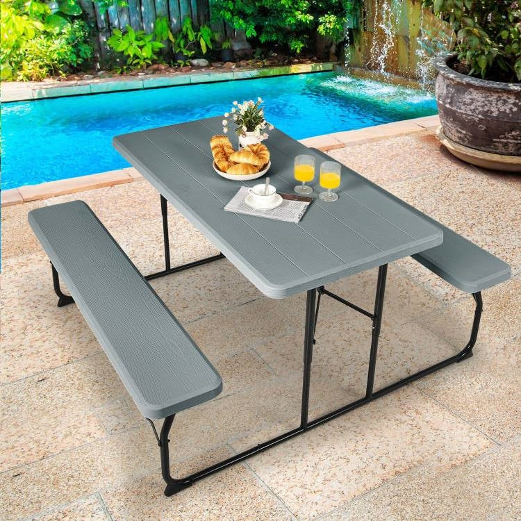 Fast Furnishings Grey Folding Picnic Table with 2 Benches Outdoor Patio Dining Set