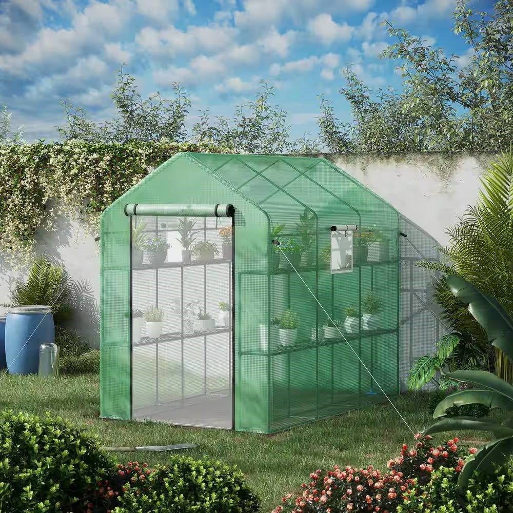 Fast Furnishings 7 ft x 4.7 ft Outdoor Greenhouse with Steel Frame and Green PE Cover