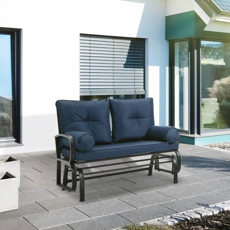 Fast Furnishings Outdoor Garden Patio Rocking Glider Chair Loveseat with Navy Blue Cushions