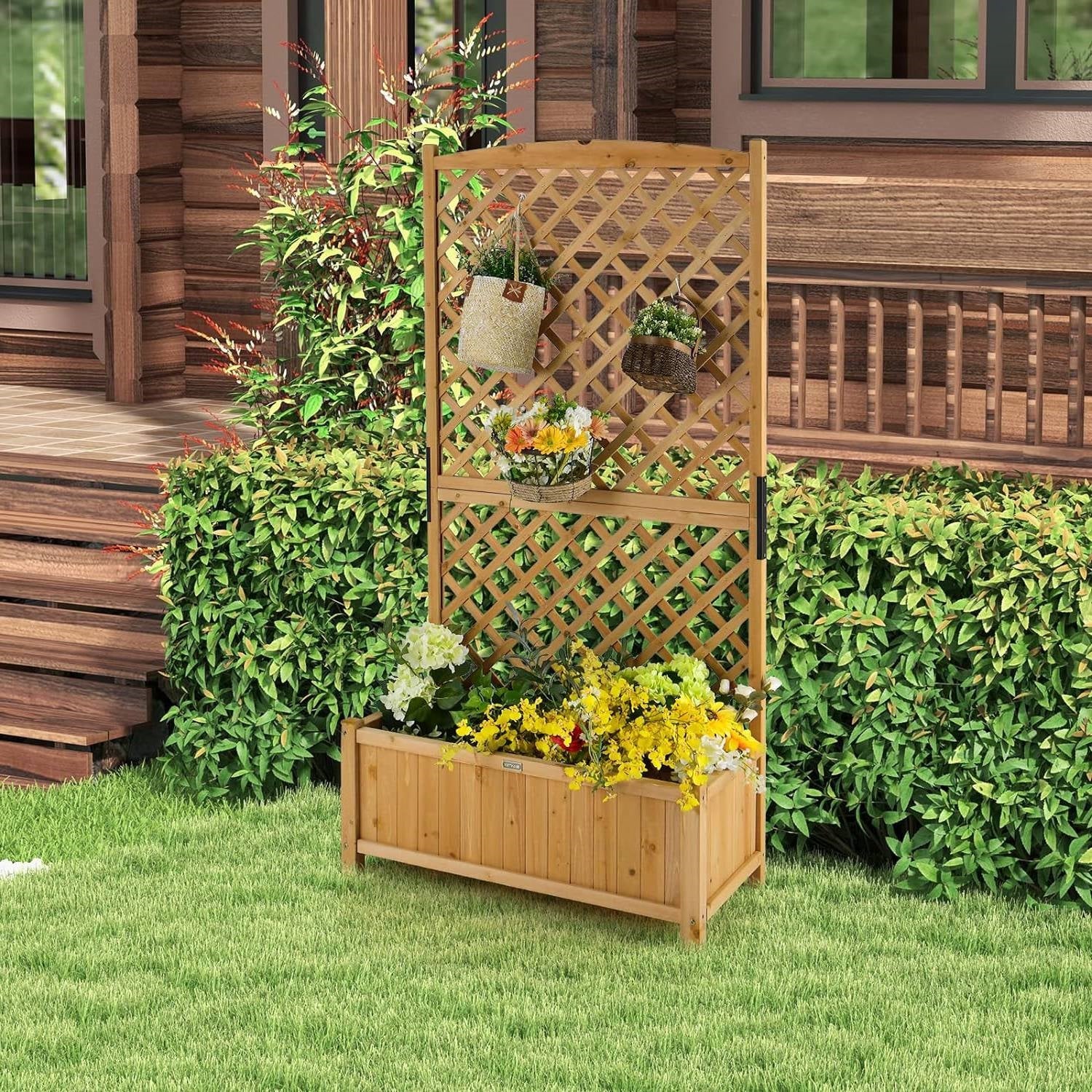 Fast Furnishings Outdoor Fir Wood Raised Garden Bed Planter Box with 71-inch High Trellis