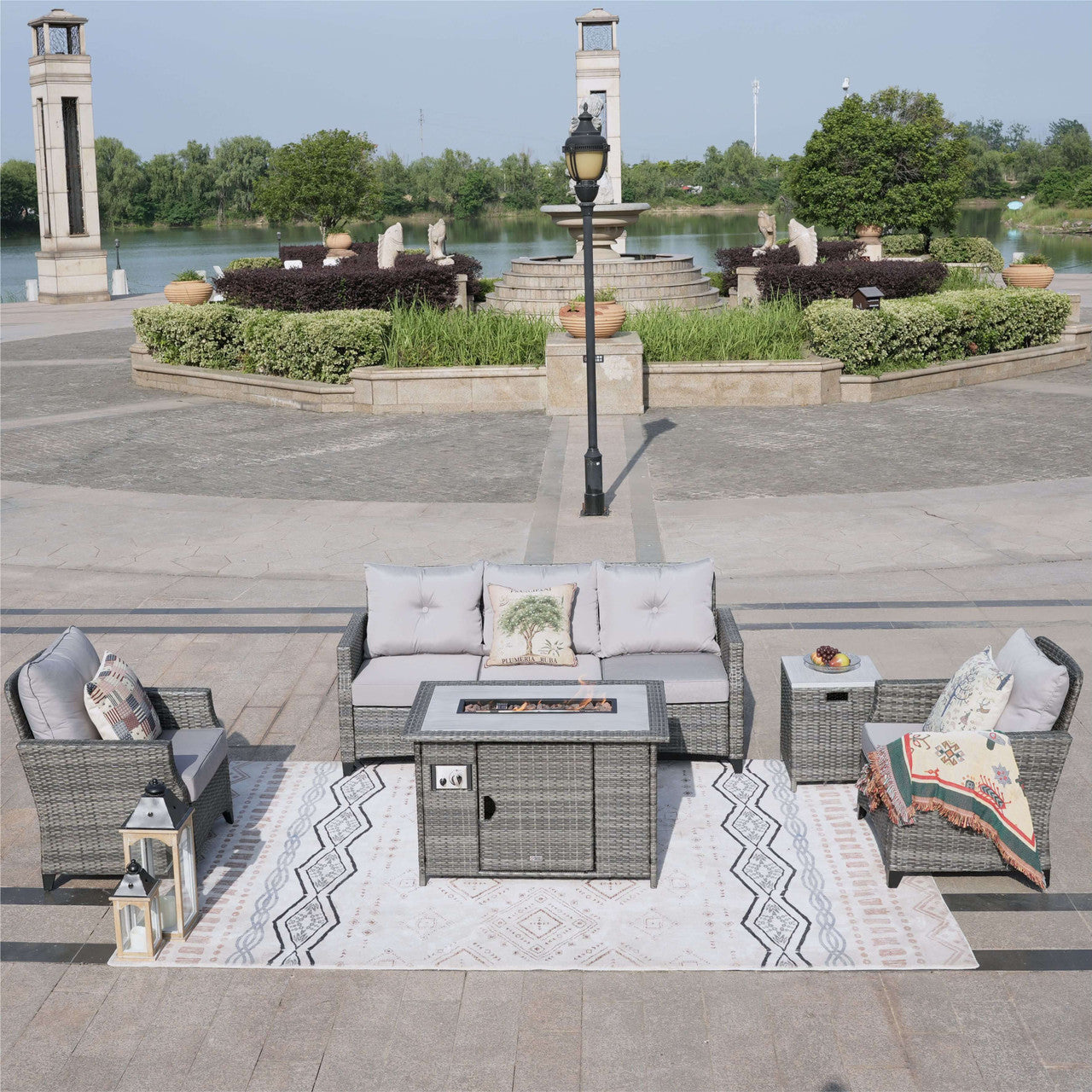 Direct Wicker 5-Piece Outdoor Patio Fire Pit Set Fire Pit Table with Seating Sofas in Gray