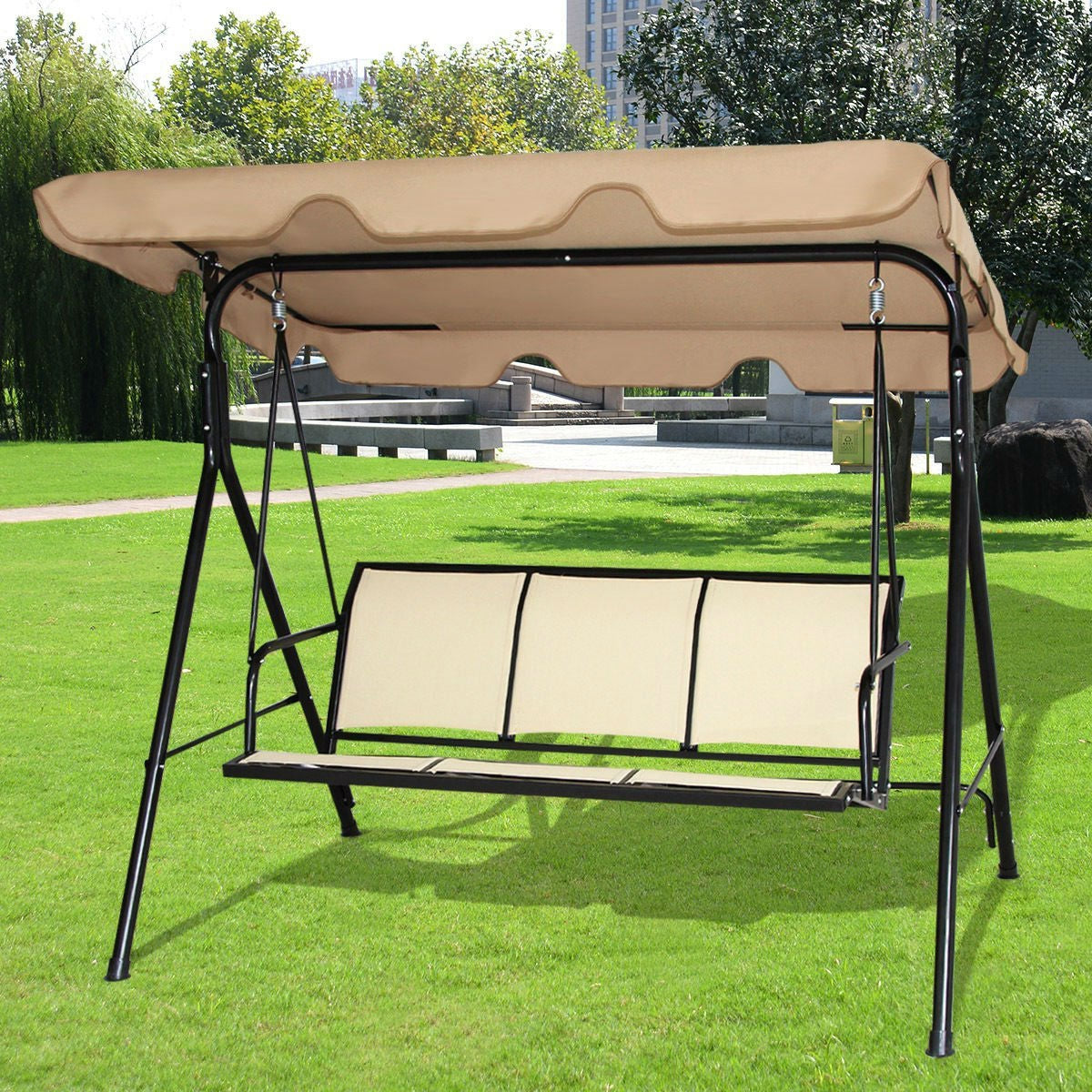 Fast Furnishings Outdoor Porch Patio 3-Person Canopy Swing in Light Brown