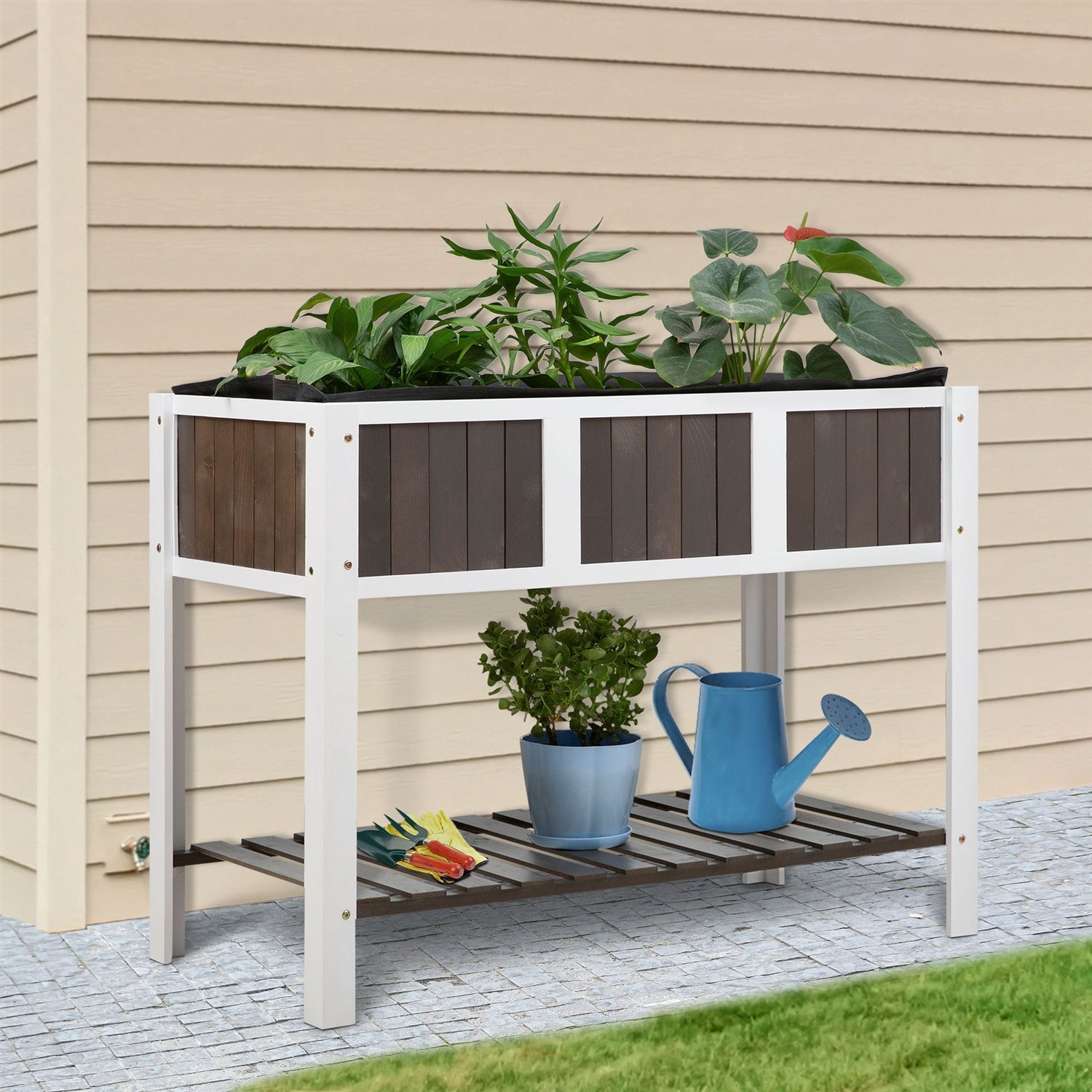 Fast Furnishings White Wooden 2 Level Elevated Raised Garden Planter Bed