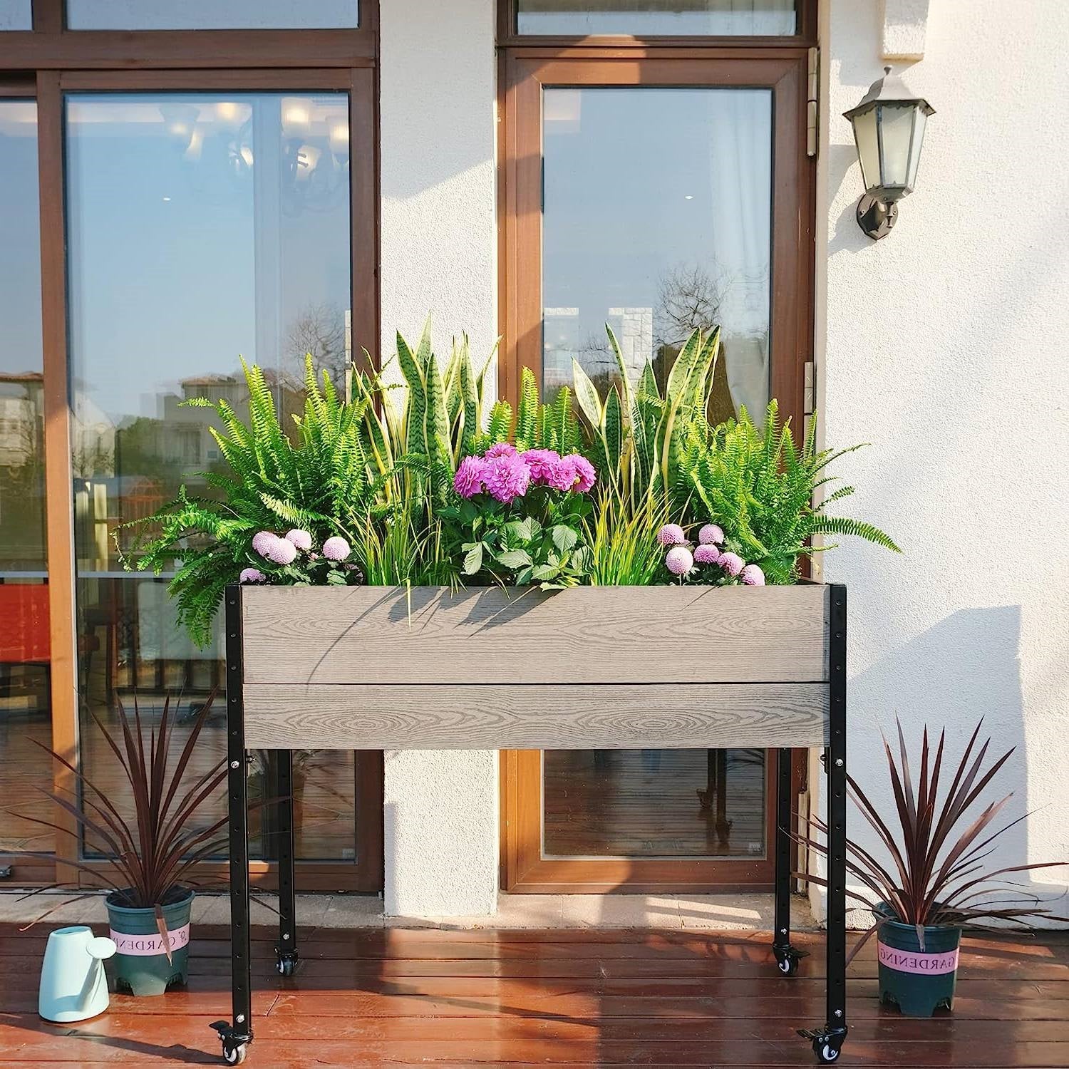 Fast Furnishings Mobile Elevated Gray and Black Wood Metal Raised Garden Planter Bed with Wheels