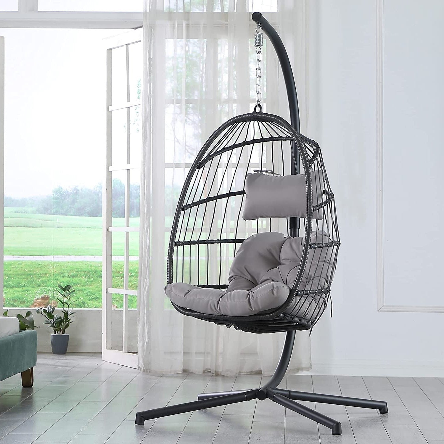 Fast Furnishings Grey Indoor/Outdoor Wicker Rattan Aluminum Frame Swing Egg Chair Hammock