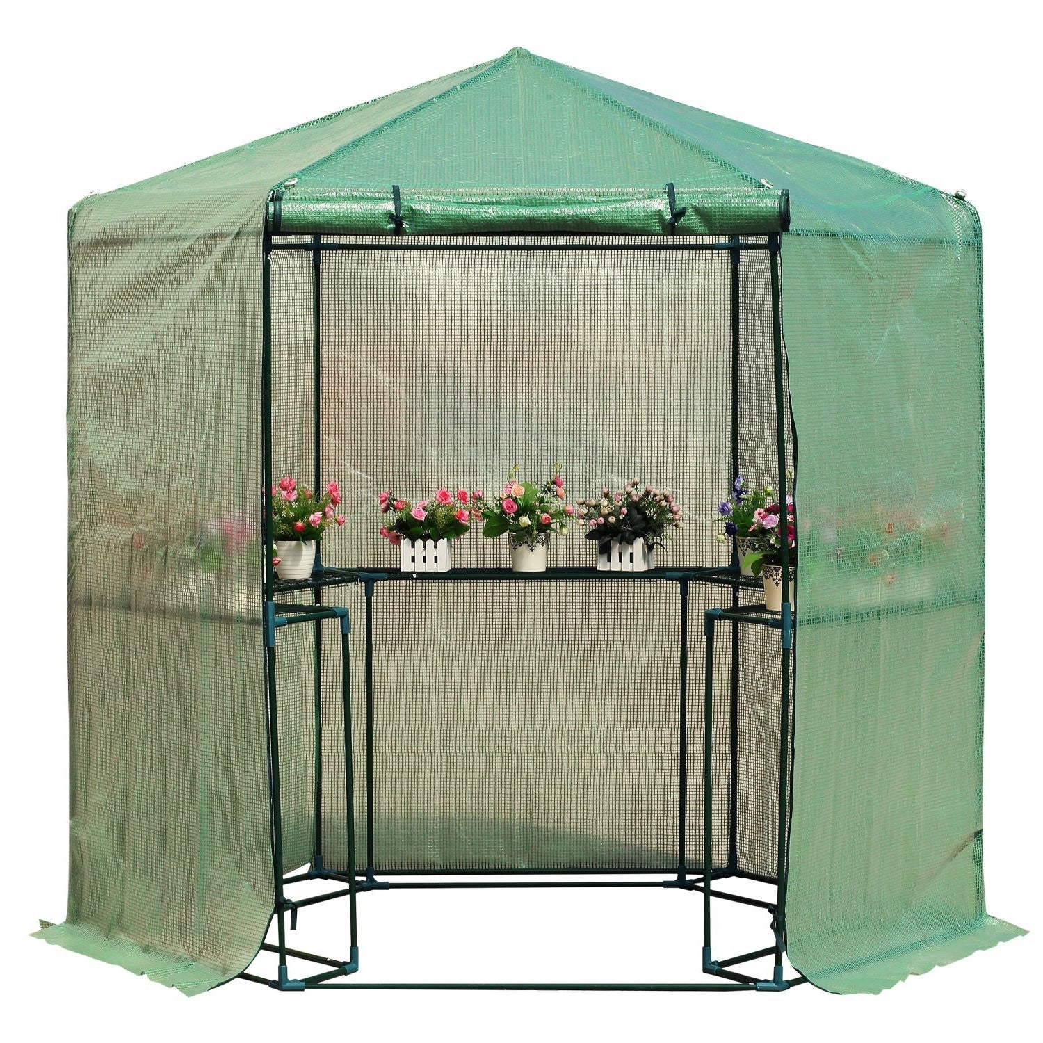 Fast Furnishings Outdoor Hexagon Greenhouse 6.5 x 7 Ft with Steel Frame PE Cover and Shelves