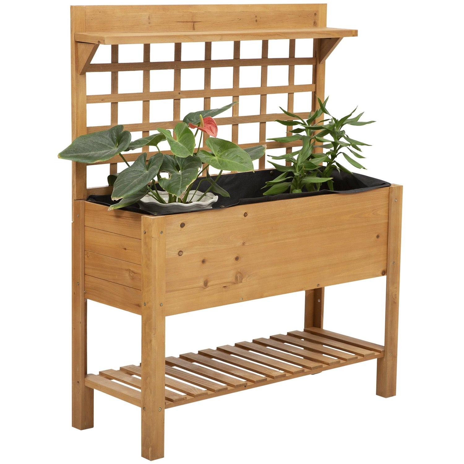 Fast Furnishings Solid Fir Wood Trellis Elevated Garden Raised Planter Bed with Wheels