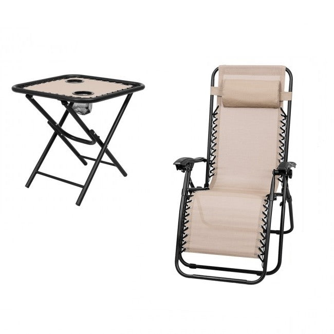 Fast Furnishings 3 Piece Folding Portable Reclining Lounge Chairs Table Set Tan