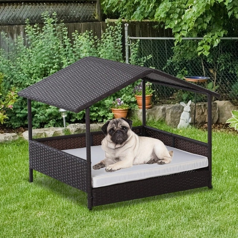 Fast Furnishings Espresso Wicker Weather Resistant Raised Dog Bed House with 2 in Thick Cushion