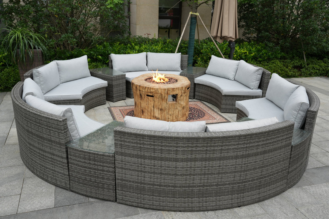 Direct Wicker Patio Half Moon Gray Wicker Seating Set with Round Grain Firepit