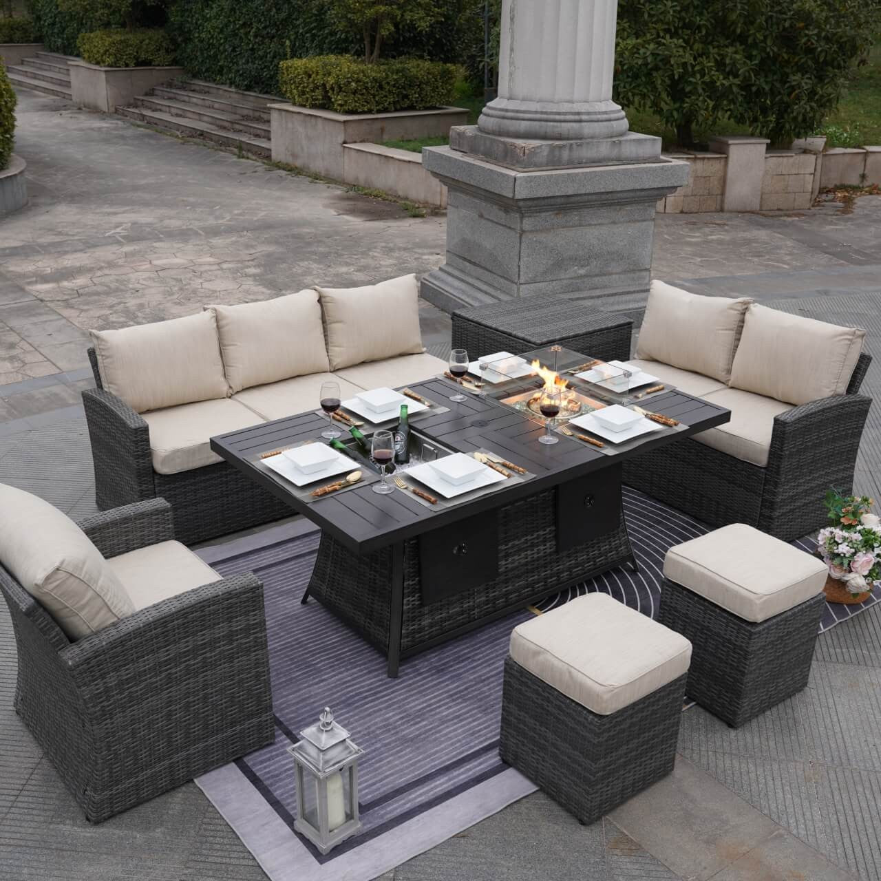 Direct Wicker's 7-Piece Wicker Patio Conversation Sofa Set Fire Pit Table with Ice Bucket PAG-2406BFI